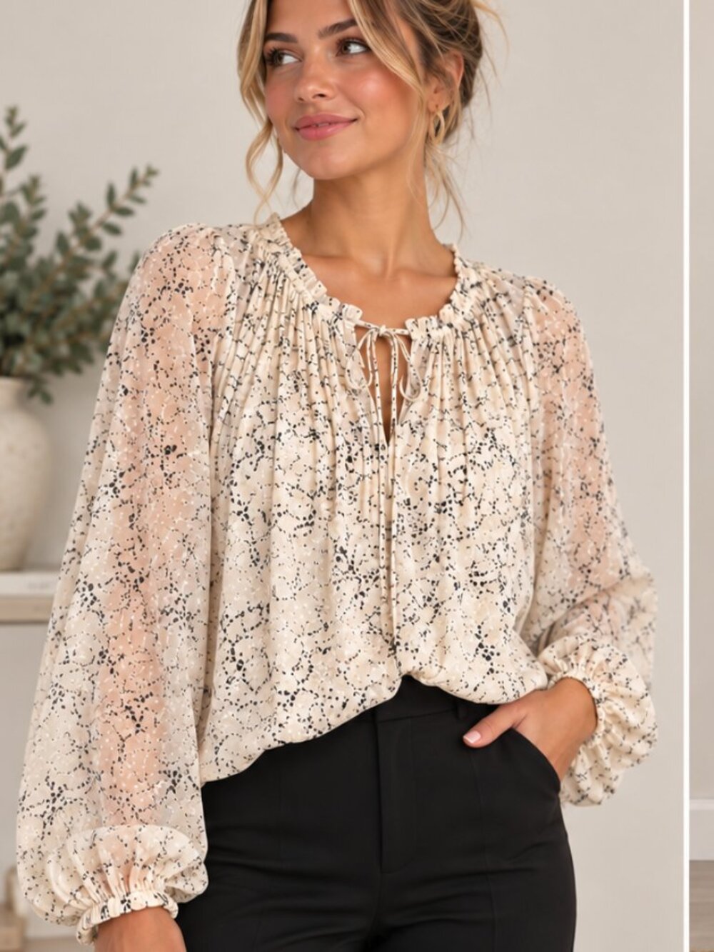 Simply Vera Vera Wang Ivory Black Sheer Sleeve Tie Neck Blouse XXL